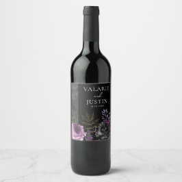 Etiqueta Para Botella De Vino Boda floral gótica morada y negra