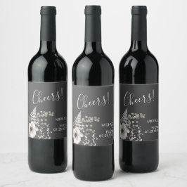 Etiqueta Para Botella De Vino Boda floral gris oscuro y blanco