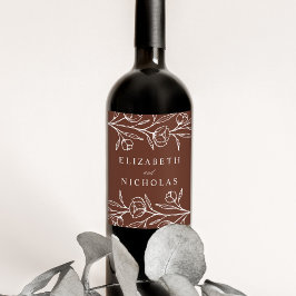 Etiqueta Para Botella De Vino Boda floral marrón esbozado