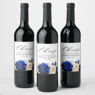 Etiqueta Para Botella De Vino Boda floral metálico Royal Blue Yellow Gold