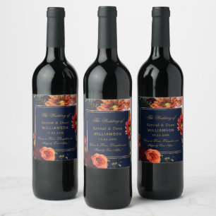 Etiqueta Para Botella De Vino Boda floral naranja burgundy oscuro naval