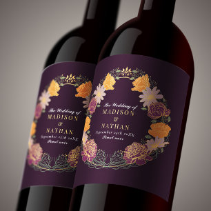Etiqueta Para Botella De Vino Boda floral naranja púrpura encantada de fantasía