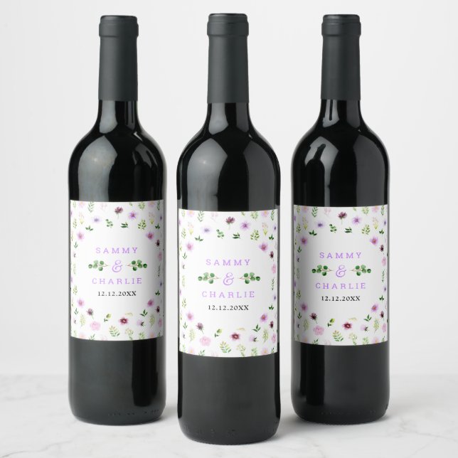 Etiqueta Para Botella De Vino Boda floral púrpura primavera (Botellas)