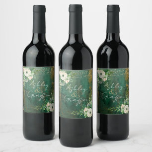 Etiqueta Para Botella De Vino Boda floral romántica verde esmeralda