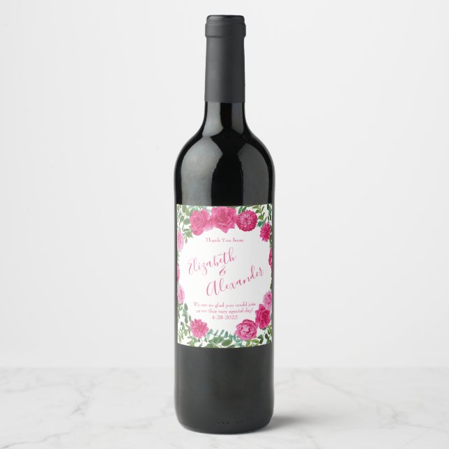 Etiqueta Para Botella De Vino Boda floral rosa brillante (Anverso)