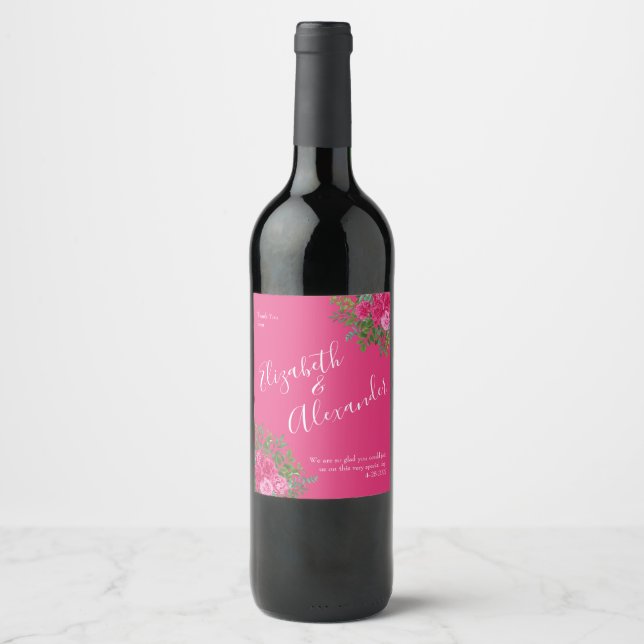 Etiqueta Para Botella De Vino Boda floral rosa brillante (Anverso)