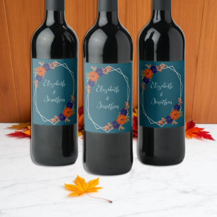 Etiqueta Para Botella De Vino Boda floral rústica de otoño en naranja y azul mar