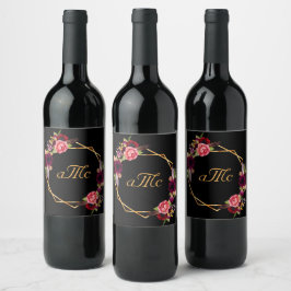 Etiqueta Para Botella De Vino Boda flores negras rúbricas ruborgoñas monogramas 