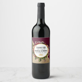 Etiqueta Para Botella De Vino Boda Gold Marble and Burgundy Florals gracias