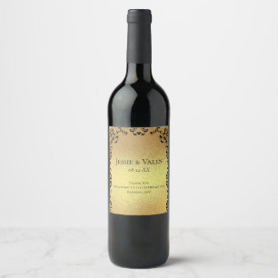 Etiqueta Para Botella De Vino Boda Gótica con Remolino Dorado y Negro