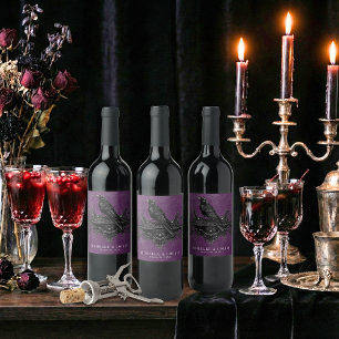 Etiqueta Para Botella De Vino Boda gótica cuervo púrpura oscuro para siempre