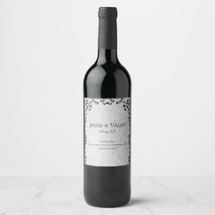 Etiqueta Para Botella De Vino Boda Gótica de Remolino Plateado y Negro