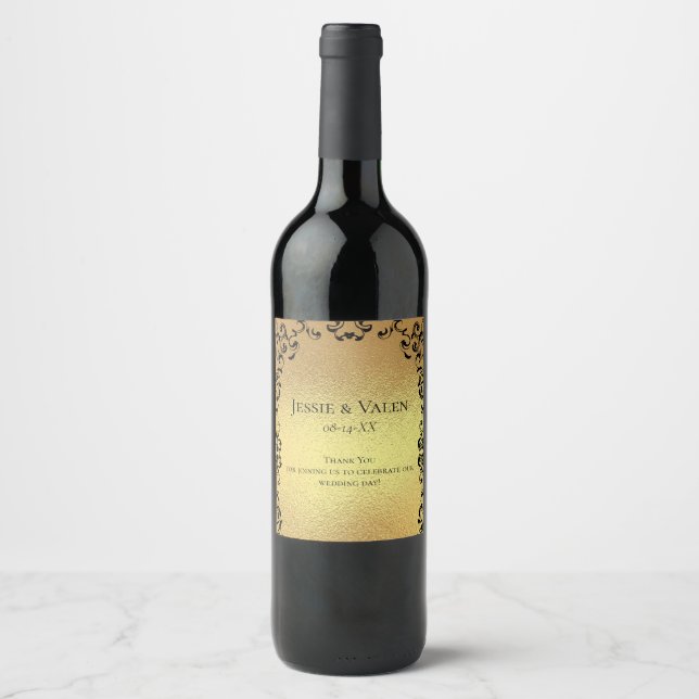 Etiqueta Para Botella De Vino Boda gótico Gold & Black Swirl (Anverso)