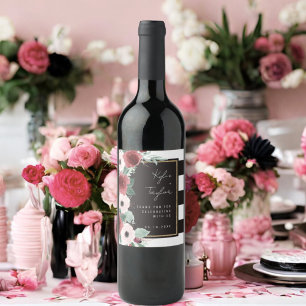Etiqueta Para Botella De Vino Boda magenta de franja blanca y negra floral