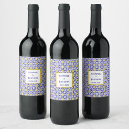 Etiqueta Para Botella De Vino Boda mediterráneo azul de azulejos portugueses