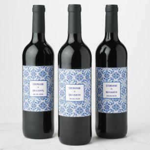 Etiqueta Para Botella De Vino Boda mediterráneo azul de azulejos portugueses