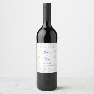 Etiqueta Para Botella De Vino Boda mediterráneo azul y amarillo limón