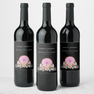 Etiqueta Para Botella De Vino Boda Metafísica de Cristales Mandala Floral Rosa