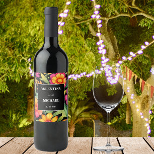 Etiqueta Para Botella De Vino Boda mexicano de la Fiesta floral negra colorida