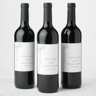 Etiqueta Para Botella De Vino Boda Minimal Simple Azul Oscuro Coquette Lazo