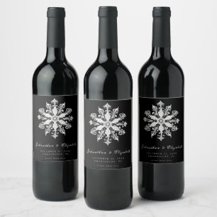 Etiqueta Para Botella De Vino Boda minimalista de copos de nieve   Negra