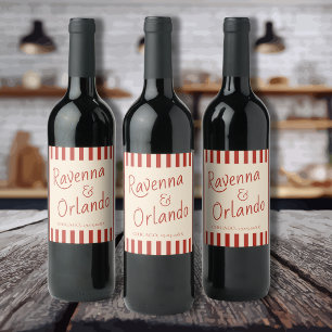 Etiqueta Para Botella De Vino Boda Minimalista Retro con Rayas de Marfil Rojo