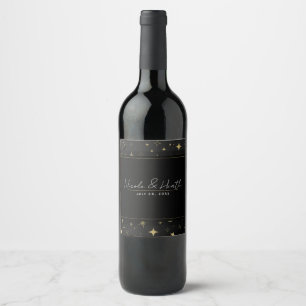 Etiqueta Para Botella De Vino Boda Moderna Celestial de Luna y Estrellas Negro y