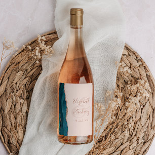 Etiqueta Para Botella De Vino Boda moderna con rosa dorado y ágata azul turquesa