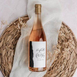 Etiqueta Para Botella De Vino Boda Moderna de Ágata Negra y Plata