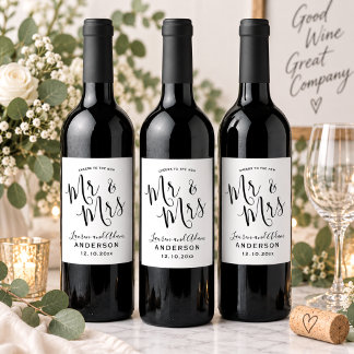 Etiqueta Para Botella De Vino Boda Moderna de Sr & Sra en Blanco y Negro
