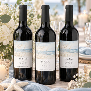 Etiqueta Para Botella De Vino Boda moderna en la playa con acuarela