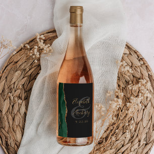 Etiqueta Para Botella De Vino Boda Moderna Esmeralda Verde Oro Ágata Oscura