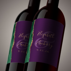 Etiqueta Para Botella De Vino Boda Moderna Esmeralda Verde Oro Ágata Púrpura