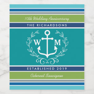 Etiqueta Para Botella De Vino Boda Monograma Anchor Laurel Wreath Aqua Stripes