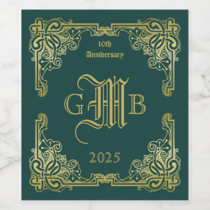 Etiqueta Para Botella De Vino Boda Monograma clásico Marco dorado Verde oscuro