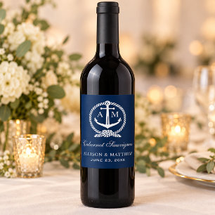 Etiqueta Para Botella De Vino Boda Monograma de Ancla Marina de la Marina