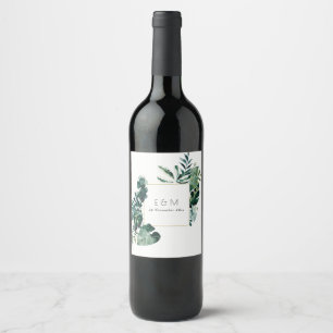 Etiqueta Para Botella De Vino Boda Monograma de Foliage Verde de Monstera Tropic