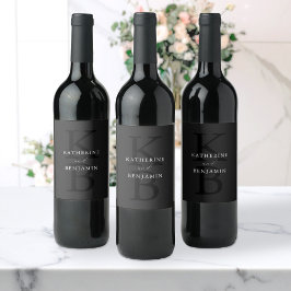 Etiqueta Para Botella De Vino Boda Monograma Minimalista Moderna en Negro Mate