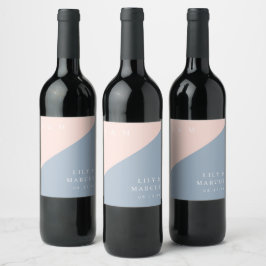 Etiqueta Para Botella De Vino Boda Monograma Moderna Elegante Polvo de Rubor Azu