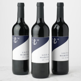 Etiqueta Para Botella De Vino Boda monograma moderno con estilo náutico azul
