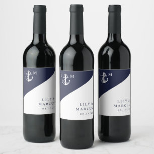 Etiqueta Para Botella De Vino Boda monograma moderno con estilo náutico azul