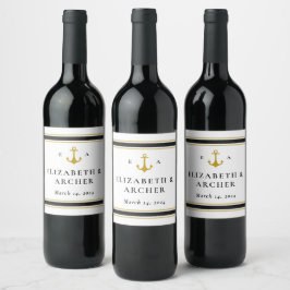Etiqueta Para Botella De Vino Boda Monograma Náutico Etiqueta de vino de oro neg