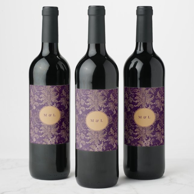Etiqueta Para Botella De Vino Boda Monograma Royal Damask Purple (Botellas)