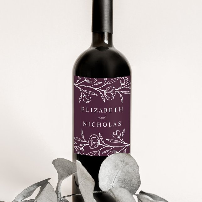 Etiqueta Para Botella De Vino Boda morado floral esbozado (Subido por el creador)