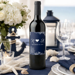 Etiqueta Para Botella De Vino boda náutica de playa blanca encaje azul marino