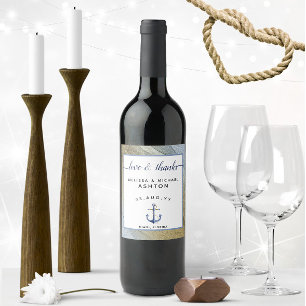 Etiqueta Para Botella De Vino Boda Náutico Anchor Azul y Oro