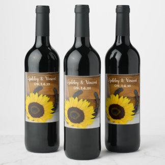 Etiqueta Para Botella De Vino Boda occidental del país del girasol y la herradur
