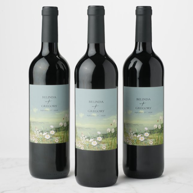 Etiqueta Para Botella De Vino Boda paisajista de la montaña de flores silvestres (Botellas)