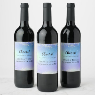 Etiqueta Para Botella De Vino Boda Personalizada con Brillo Azul Púrpura