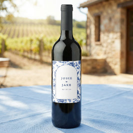 Etiqueta Para Botella De Vino Boda personalizada floral chinoiserie azul polvori